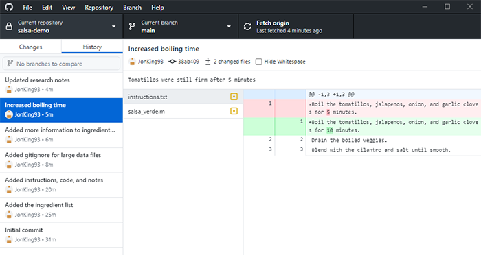 Github Desktop shows the version history of commits on the left side. The commit that increased boiling time is selected, and the file changes for that commit are displayed on the right side.